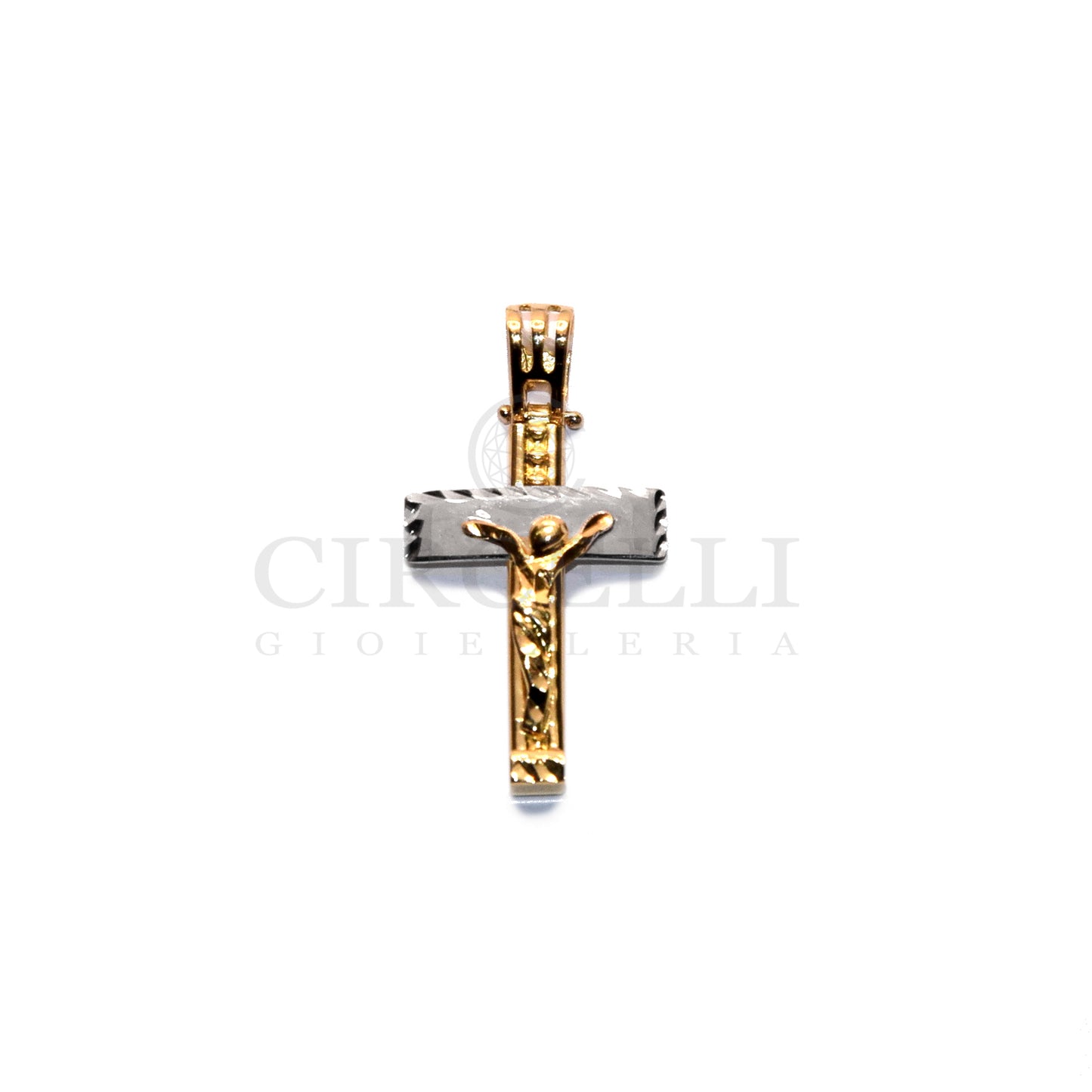 Croce bicolore con cristo oro 18k