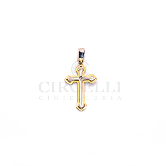 Two-tone cross with diamond in 18-karat gold