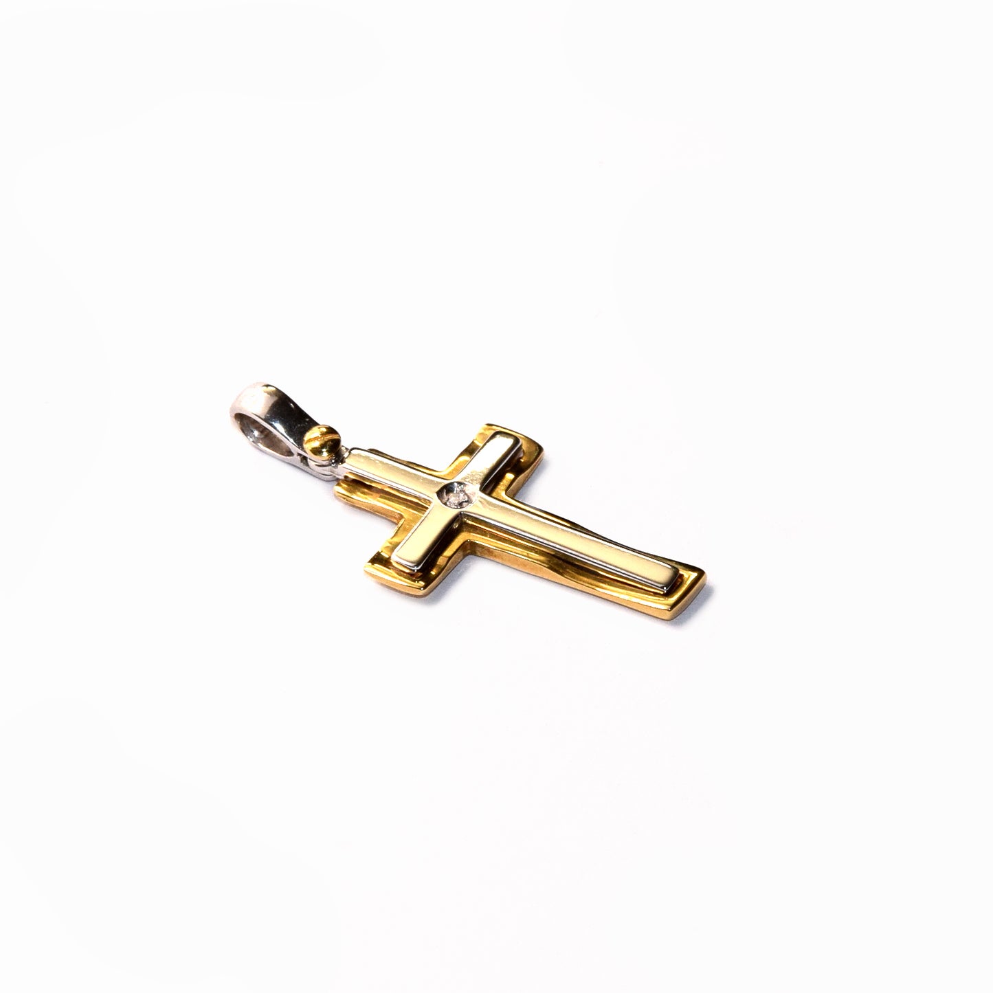 Croce bicolore con diamante oro 18k