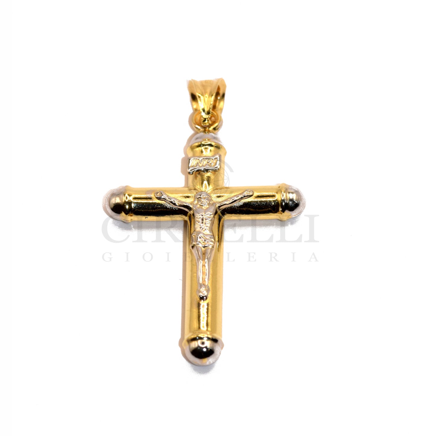 Croce bicolore con cristo oro 18k