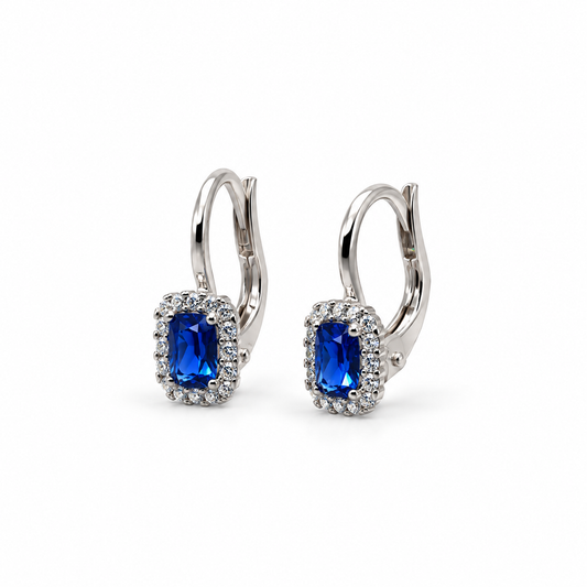 Boucles d'oreilles en or 18 carats avec pierre bleue et fermoir à crochet