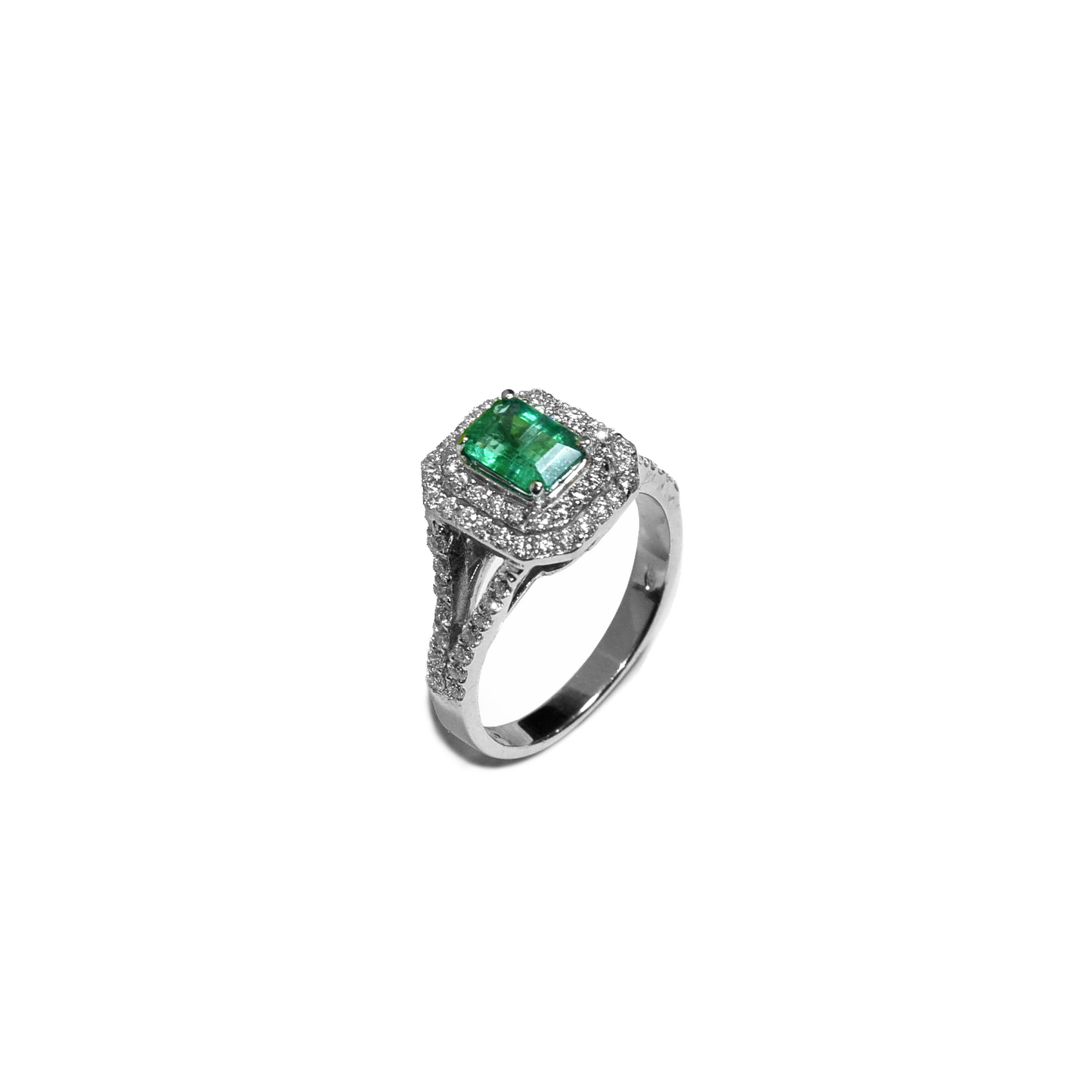 Anello smeraldo e diamanti in oro bianco 18k