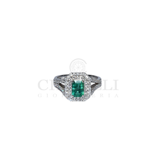 Anello smeraldo e diamanti in oro bianco 18k